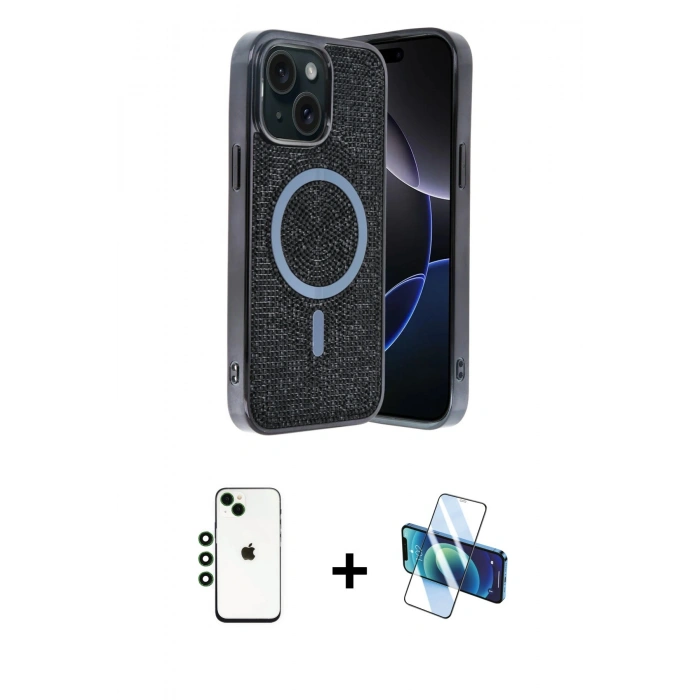 MARSİLYAN™- iPhone 14 Kılıf Eksen Çizgi - Siyah 3D Antistatik Cam Ekran Koruyucu + Shine Kamera Lens - YL