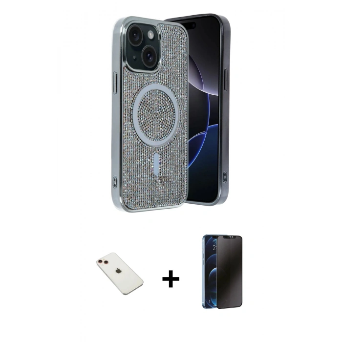 MARSİLYAN™- iPhone 14 Kılıf Eksen Çizgi - Siyah 3D Antistatik Hayalet Cam Ekran Koruyucu + Diamond Kamera Lens - KI