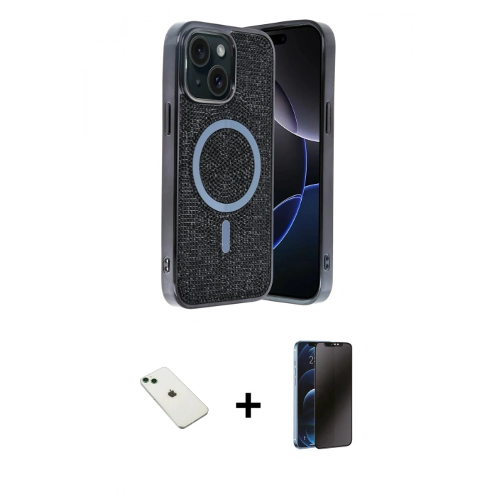 MARSİLYAN™- iPhone 14 Kılıf Eksen Çizgi - Siyah 3D Antistatik Hayalet Cam Ekran Koruyucu + Diamond Kamera Lens - YL