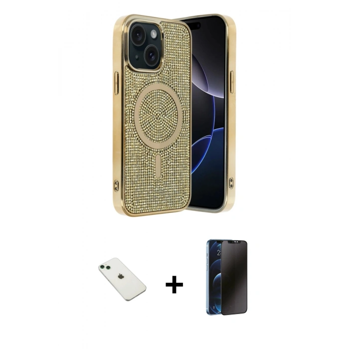 MARSİLYAN™- iPhone 14 Kılıf Eksen Çizgi - Siyah 3D Antistatik Hayalet Cam Ekran Koruyucu + Diamond Kamera Lens - YL