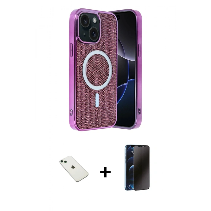 MARSİLYAN™- iPhone 14 Kılıf Eksen Çizgi - Siyah 3D Antistatik Hayalet Cam Ekran Koruyucu + Diamond Kamera Lens - YL