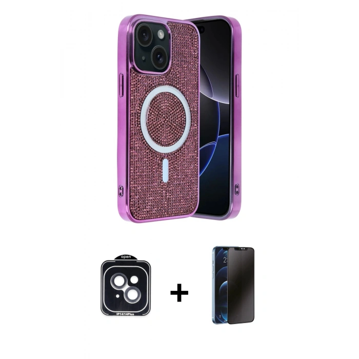 MARSİLYAN™- iPhone 14 Kılıf Eksen Çizgi - Siyah 3D Antistatik Hayalet Cam Ekran Koruyucu + PVD Metal Kamera Lens - SH