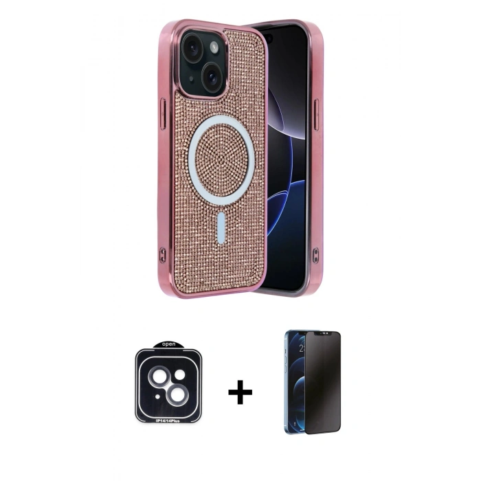 MARSİLYAN™- iPhone 14 Kılıf Eksen Çizgi - Siyah 3D Antistatik Hayalet Cam Ekran Koruyucu + PVD Metal Kamera Lens - SH