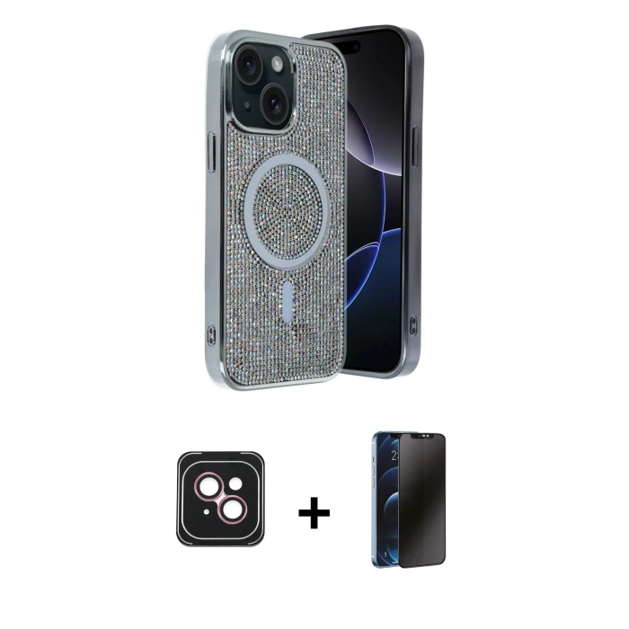 MARSİLYAN™- iPhone 14 Kılıf Eksen Çizgi - Siyah 3D Antistatik Hayalet Cam Ekran Koruyucu + PVD Metal Kamera Lens - PE