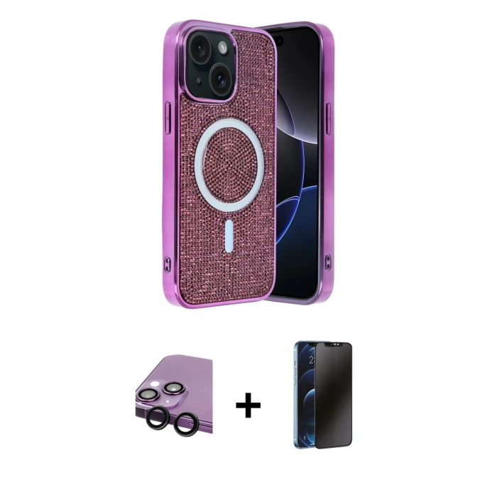 MARSİLYAN™- iPhone 14 Kılıf Eksen Çizgi - Siyah 3D Antistatik Hayalet Cam Ekran Koruyucu + Raze Metal Kamera Lens - SH