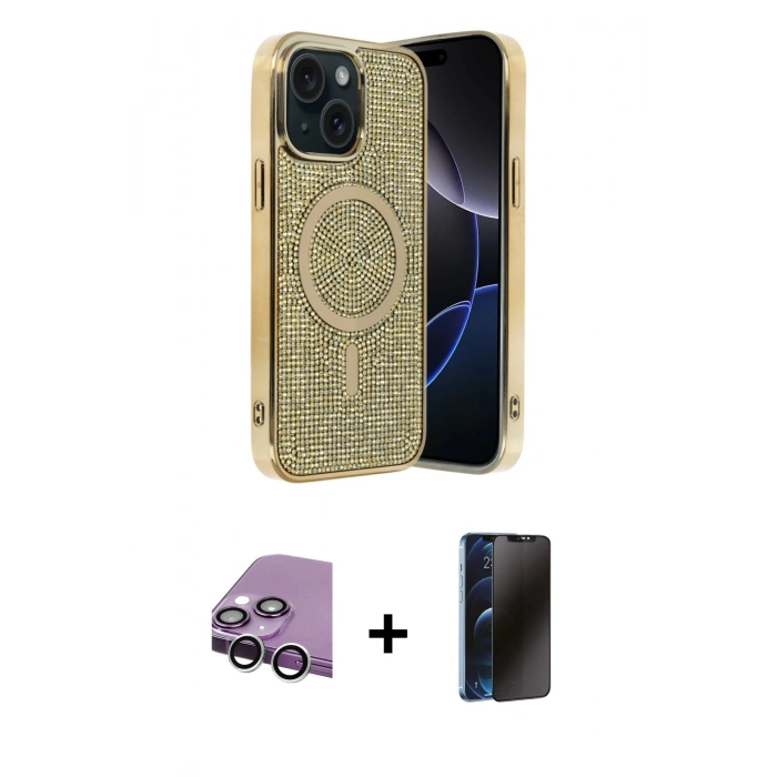 MARSİLYAN™- iPhone 14 Kılıf Eksen Çizgi - Siyah 3D Antistatik Hayalet Cam Ekran Koruyucu + Raze Metal Kamera Lens - GS