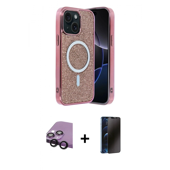 MARSİLYAN™- iPhone 14 Kılıf Eksen Çizgi - Siyah 3D Antistatik Hayalet Cam Ekran Koruyucu + Raze Metal Kamera Lens - SH