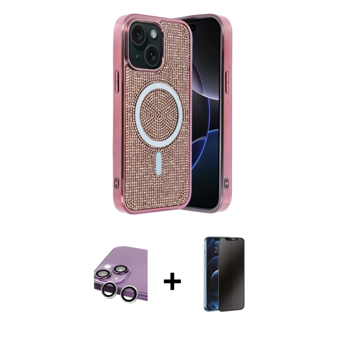 MARSİLYAN™- iPhone 14 Kılıf Eksen Çizgi - Siyah 3D Antistatik Hayalet Cam Ekran Koruyucu + Raze Metal Kamera Lens - GS