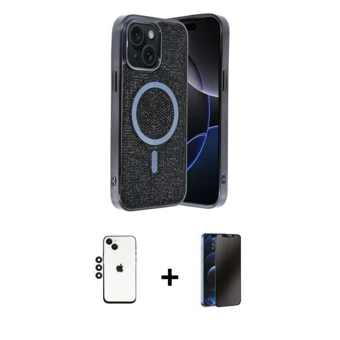 MARSİLYAN™- iPhone 14 Kılıf Eksen Çizgi - Siyah 3D Antistatik Hayalet Cam Ekran Koruyucu + Shine Kamera Lens - SH