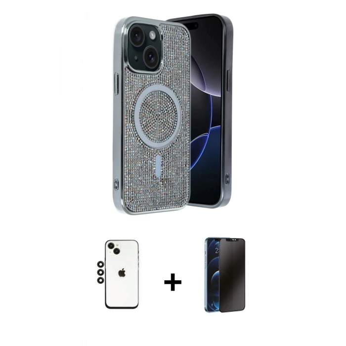 MARSİLYAN™- iPhone 14 Kılıf Eksen Çizgi - Siyah 3D Antistatik Hayalet Cam Ekran Koruyucu + Shine Kamera Lens - SH