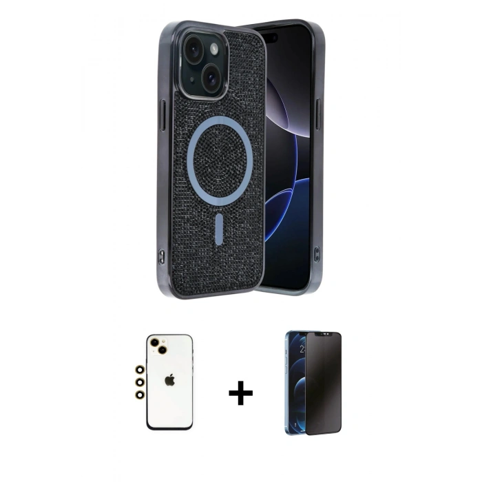 MARSİLYAN™- iPhone 14 Kılıf Eksen Çizgi - Siyah 3D Antistatik Hayalet Cam Ekran Koruyucu + Shine Kamera Lens - GD