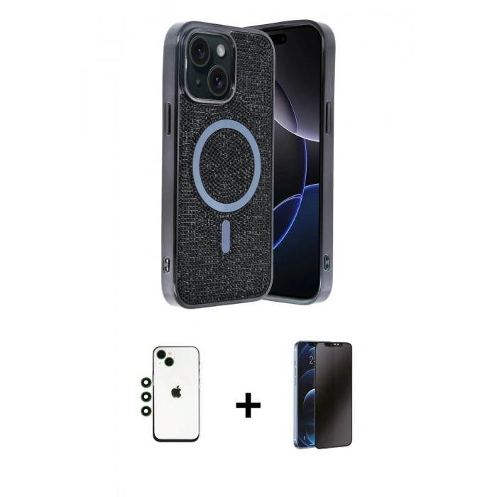 MARSİLYAN™- iPhone 14 Kılıf Eksen Çizgi - Siyah 3D Antistatik Hayalet Cam Ekran Koruyucu + Shine Kamera Lens - YL