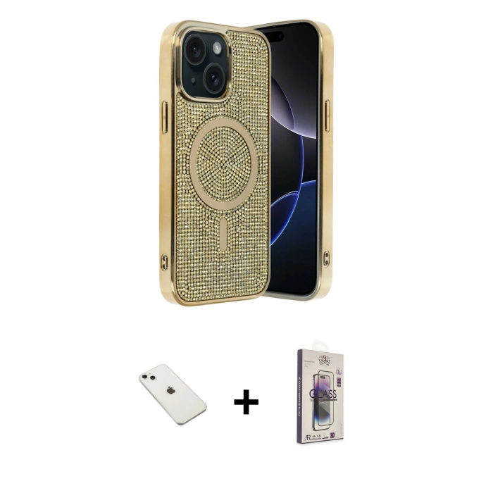 MARSİLYAN™- iPhone 14 Kılıf Eksen Çizgi - Siyah Bilvis 3D Cam Ekran Koruyucu + Diamond Kamera Lens - SABE