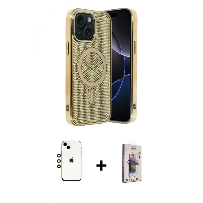 MARSİLYAN™- iPhone 14 Kılıf Eksen Çizgi - Siyah Bilvis 3D Cam Ekran Koruyucu + Shine Kamera Lens - GD