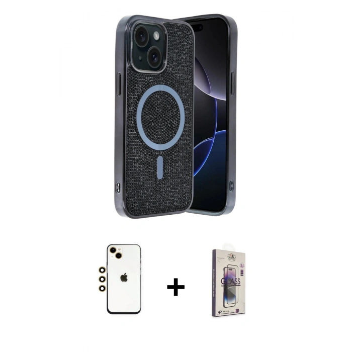 MARSİLYAN™- iPhone 14 Kılıf Eksen Çizgi - Siyah Bilvis 3D Cam Ekran Koruyucu + Shine Kamera Lens - GD