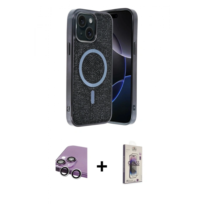 MARSİLYAN™- iPhone 14 Kılıf Eksen Çizgi - Siyah Bilvis 3D Cam Ekran Koruyucu + Raze Metal Kamera Lens - GS