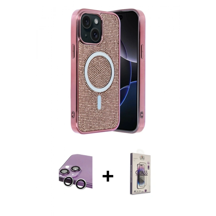 MARSİLYAN™- iPhone 14 Kılıf Eksen Çizgi - Siyah Bilvis 3D Cam Ekran Koruyucu + Raze Metal Kamera Lens - GS