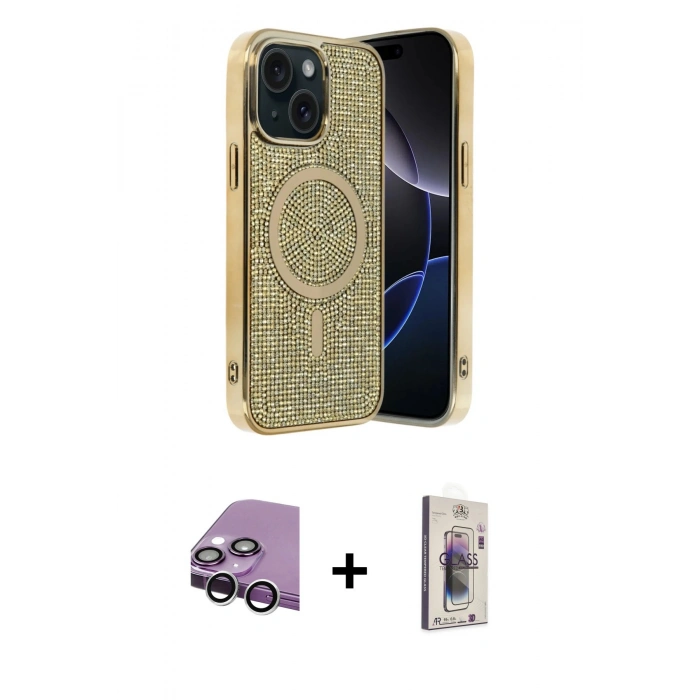 MARSİLYAN™- iPhone 14 Kılıf Eksen Çizgi - Siyah Bilvis 3D Cam Ekran Koruyucu + Raze Metal Kamera Lens - GS