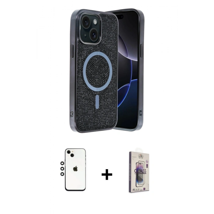 MARSİLYAN™- iPhone 14 Kılıf Eksen Çizgi - Siyah Bilvis 3D Cam Ekran Koruyucu + Shine Kamera Lens - GS