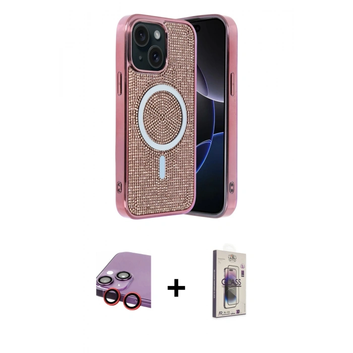 MARSİLYAN™- iPhone 14 Kılıf Eksen Çizgi - Siyah Bilvis 3D Cam Ekran Koruyucu + Raze Metal Kamera Lens - KI