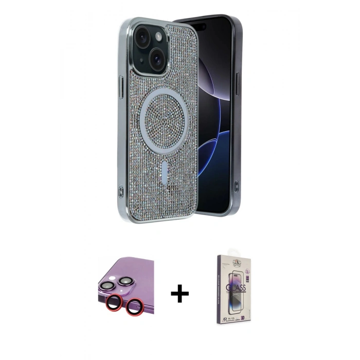 MARSİLYAN™- iPhone 14 Kılıf Eksen Çizgi - Siyah Bilvis 3D Cam Ekran Koruyucu + Raze Metal Kamera Lens - KI