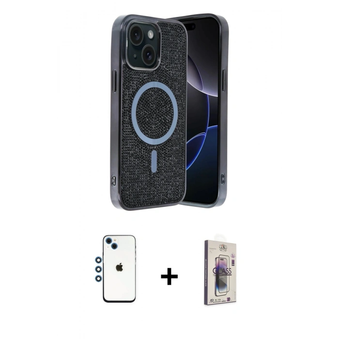 MARSİLYAN™- iPhone 14 Kılıf Eksen Çizgi - Siyah Bilvis 3D Cam Ekran Koruyucu + Shine Kamera Lens - MI