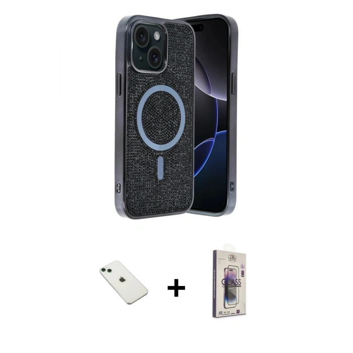 MARSİLYAN™- iPhone 14 Kılıf Eksen Çizgi - Siyah Bilvis 3D Cam Ekran Koruyucu + Diamond Kamera Lens - YL
