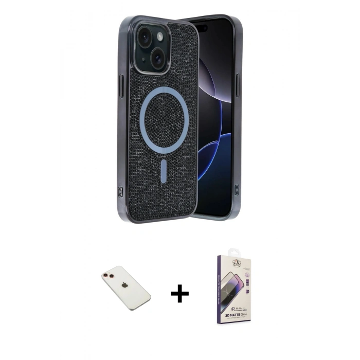 MARSİLYAN™- iPhone 14 Kılıf Eksen Çizgi - Siyah Bilvis 3D Mat Cam Ekran Koruyucu + Diamond Kamera Lens - KI
