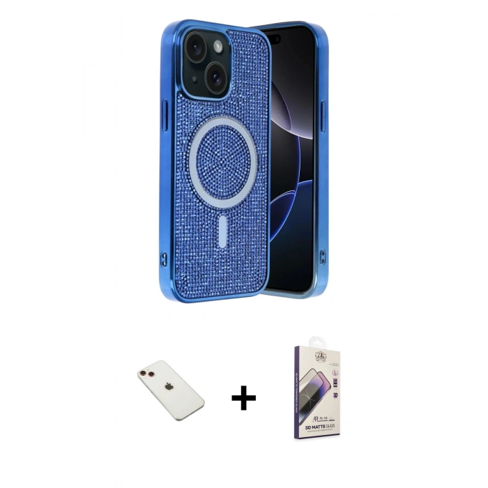 MARSİLYAN™- iPhone 14 Kılıf Eksen Çizgi - Siyah Bilvis 3D Mat Cam Ekran Koruyucu + Diamond Kamera Lens - KI