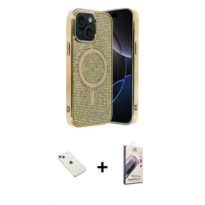 MARSİLYAN™- iPhone 14 Kılıf Eksen Çizgi - Siyah Bilvis 3D Mat Cam Ekran Koruyucu + Diamond Kamera Lens - KI