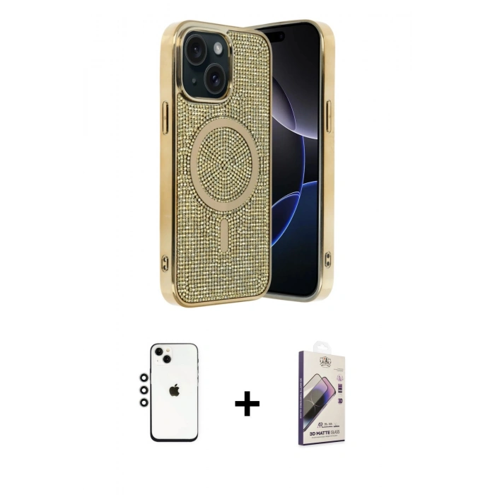 MARSİLYAN™- iPhone 14 Kılıf Eksen Çizgi - Siyah Bilvis 3D Mat Cam Ekran Koruyucu + Shine Kamera Lens - GS