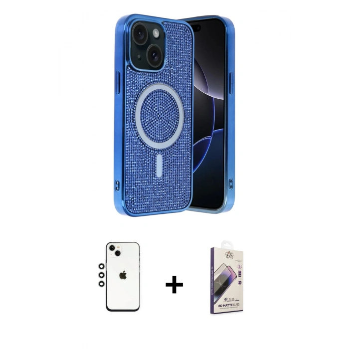 MARSİLYAN™- iPhone 14 Kılıf Eksen Çizgi - Siyah Bilvis 3D Mat Cam Ekran Koruyucu + Shine Kamera Lens - GS