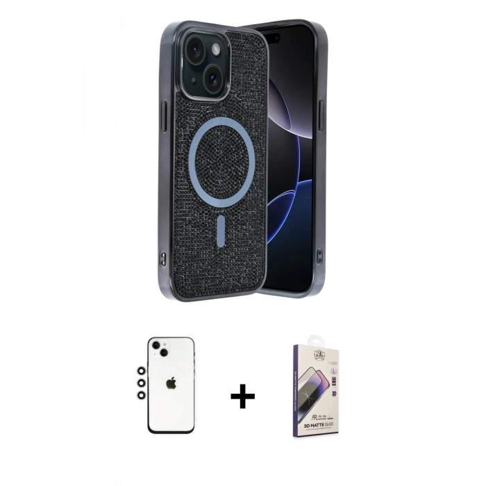MARSİLYAN™- iPhone 14 Kılıf Eksen Çizgi - Siyah Bilvis 3D Mat Cam Ekran Koruyucu + Shine Kamera Lens - GS