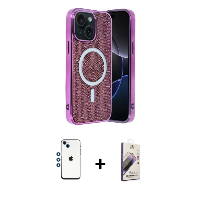 MARSİLYAN™- iPhone 14 Kılıf Eksen Çizgi - Siyah Bilvis 3D Mat Cam Ekran Koruyucu + Shine Kamera Lens - MI