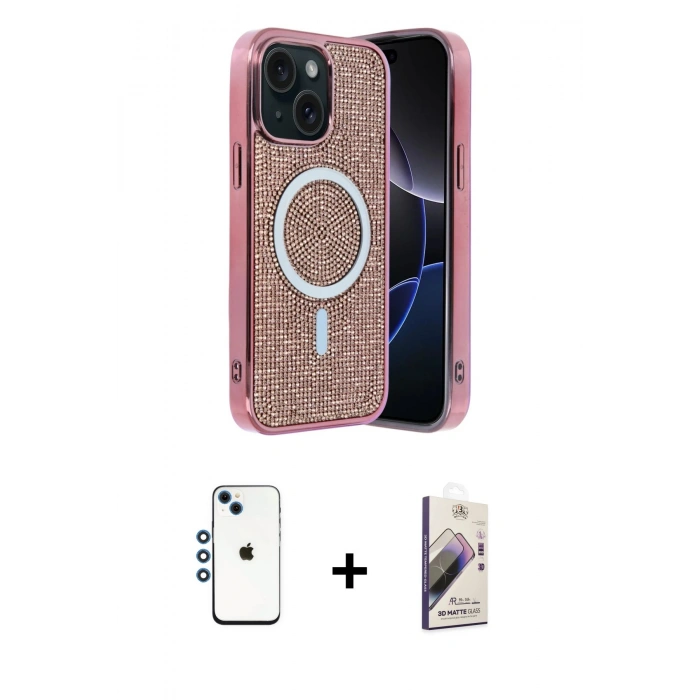 MARSİLYAN™- iPhone 14 Kılıf Eksen Çizgi - Siyah Bilvis 3D Mat Cam Ekran Koruyucu + Shine Kamera Lens - MI