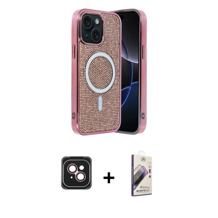 MARSİLYAN™- iPhone 14 Kılıf Eksen Çizgi - Siyah Bilvis 3D Mat Cam Ekran Koruyucu + PVD Metal Kamera Lens - PE