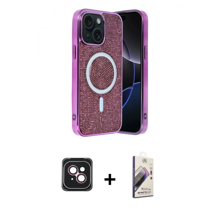 MARSİLYAN™- iPhone 14 Kılıf Eksen Çizgi - Siyah Bilvis 3D Mat Cam Ekran Koruyucu + PVD Metal Kamera Lens - PE
