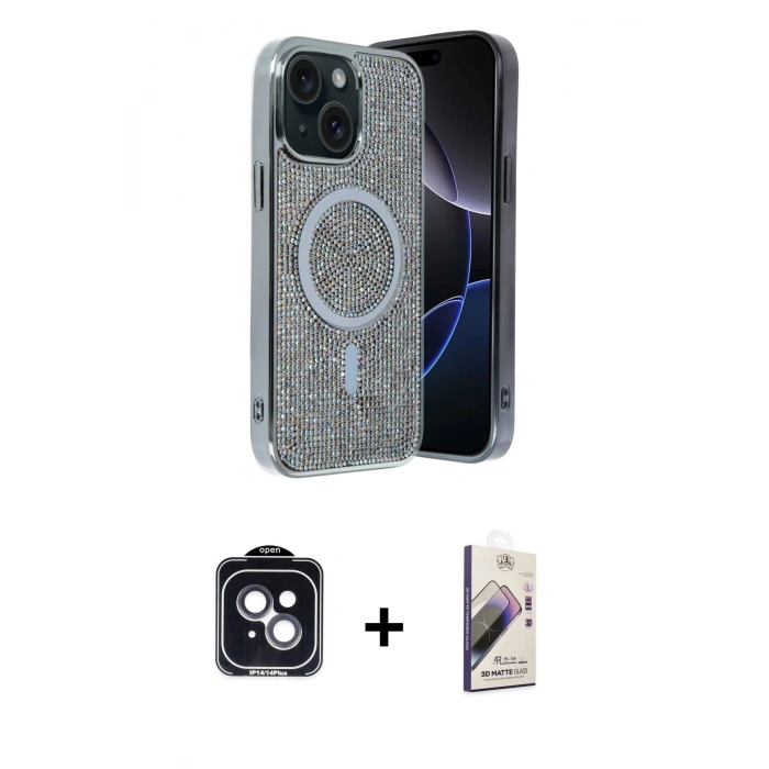 MARSİLYAN™- iPhone 14 Kılıf Eksen Çizgi - Siyah Bilvis 3D Mat Cam Ekran Koruyucu + PVD Metal Kamera Lens - SH