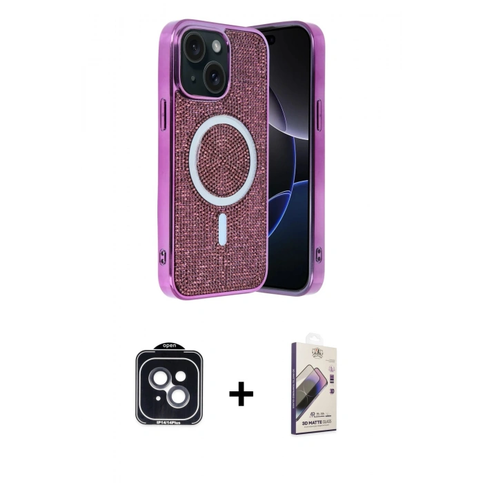 MARSİLYAN™- iPhone 14 Kılıf Eksen Çizgi - Siyah Bilvis 3D Mat Cam Ekran Koruyucu + PVD Metal Kamera Lens - SH