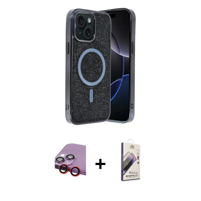 MARSİLYAN™- iPhone 14 Kılıf Eksen Çizgi - Siyah Bilvis 3D Mat Cam Ekran Koruyucu + Raze Metal Kamera Lens - KI