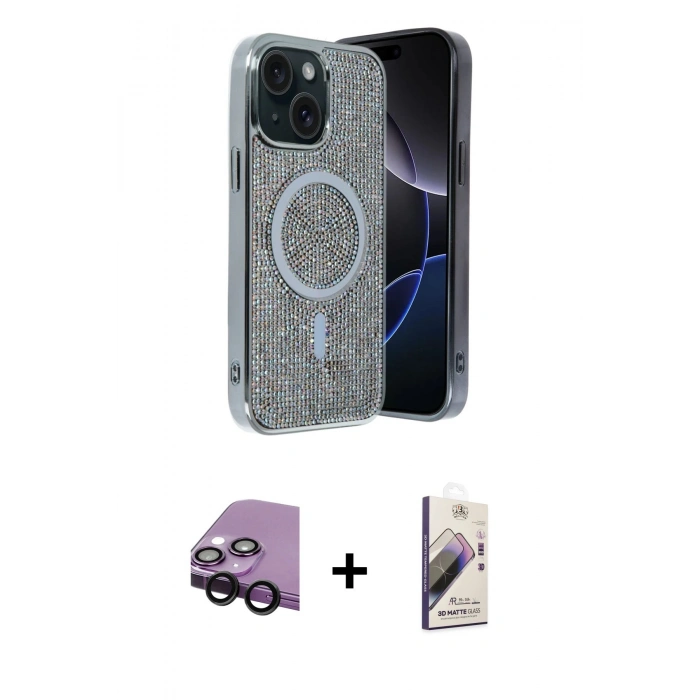 MARSİLYAN™- iPhone 14 Kılıf Eksen Çizgi - Siyah Bilvis 3D Mat Cam Ekran Koruyucu + Raze Metal Kamera Lens - SH
