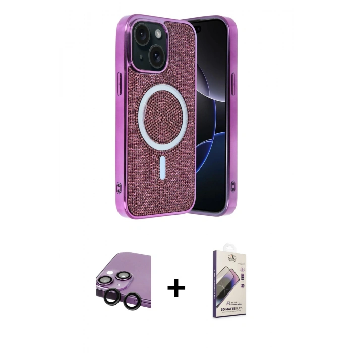 MARSİLYAN™- iPhone 14 Kılıf Eksen Çizgi - Siyah Bilvis 3D Mat Cam Ekran Koruyucu + Raze Metal Kamera Lens - SH