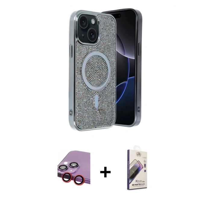 MARSİLYAN™- iPhone 14 Kılıf Eksen Çizgi - Siyah Bilvis 3D Mat Cam Ekran Koruyucu + Raze Metal Kamera Lens - KI