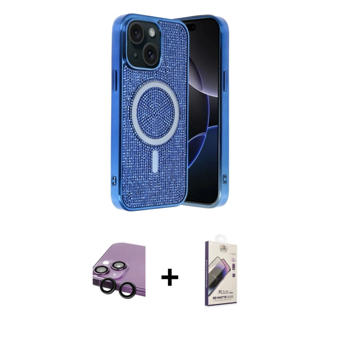 MARSİLYAN™- iPhone 14 Kılıf Eksen Çizgi - Siyah Bilvis 3D Mat Cam Ekran Koruyucu + Raze Metal Kamera Lens - SH