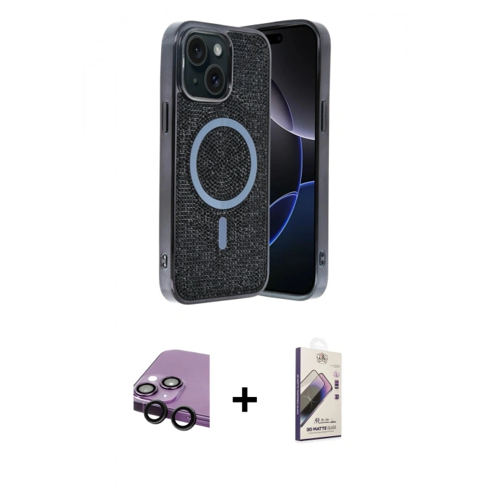 MARSİLYAN™- iPhone 14 Kılıf Eksen Çizgi - Siyah Bilvis 3D Mat Cam Ekran Koruyucu + Raze Metal Kamera Lens - SH