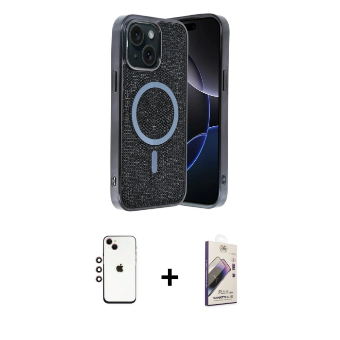 MARSİLYAN™- iPhone 14 Kılıf Eksen Çizgi - Siyah Bilvis 3D Mat Cam Ekran Koruyucu + Shine Kamera Lens - GI