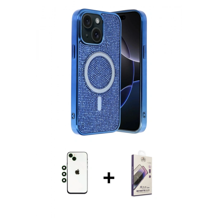 MARSİLYAN™- iPhone 14 Kılıf Eksen Çizgi - Siyah Bilvis 3D Mat Cam Ekran Koruyucu + Shine Kamera Lens - YL