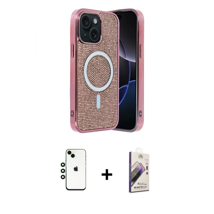 MARSİLYAN™- iPhone 14 Kılıf Eksen Çizgi - Siyah Bilvis 3D Mat Cam Ekran Koruyucu + Shine Kamera Lens - YL