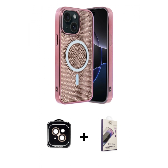 MARSİLYAN™- iPhone 14 Kılıf Eksen Çizgi - Siyah Bilvis 3D Mat Cam Ekran Koruyucu + PVD Metal Kamera Lens - TU