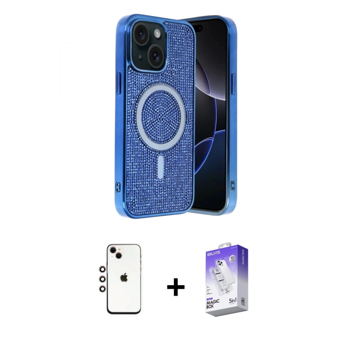 MARSİLYAN™- iPhone 14 Kılıf Eksen Çizgi - Siyah Bilvis 5in1 3D Magic Cam Ekran Koruyucu + Gökkuşağı Shine Kamera Lens